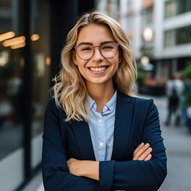 Woman in business attire smiling outside office building